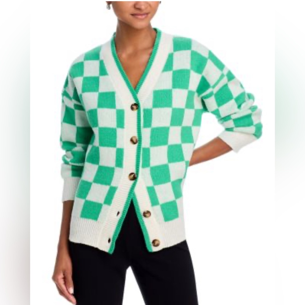 Aqua V-Neck Button Up Mint Green White Checkerboard Sweater Cardigan Large Retro - Picture 6 of 10